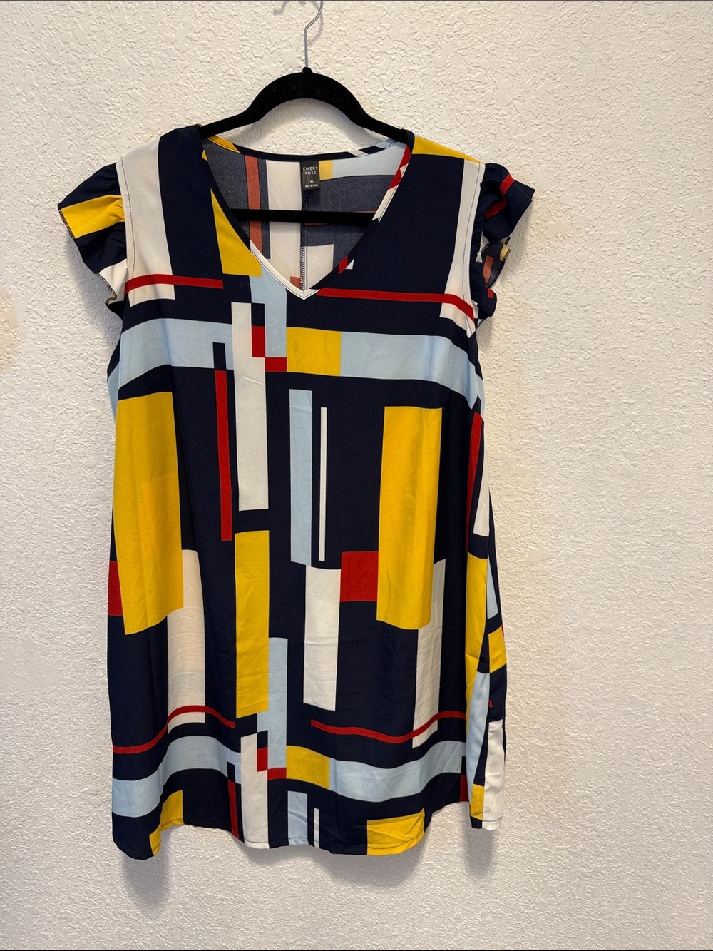 Geometric V-Neck Tunic Top - Navy, Yellow & Red